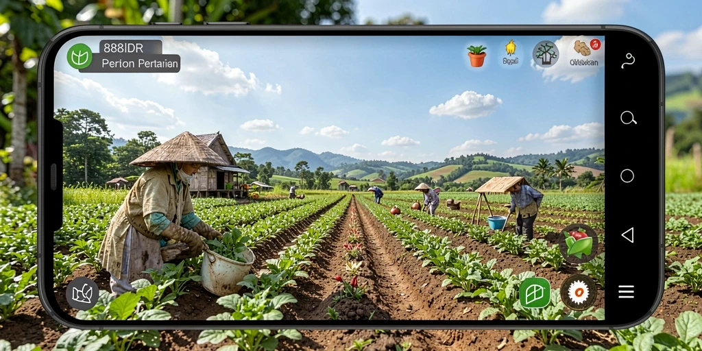 Tampilan gameplay 888IDR dengan ladang yang subur dan penuh warna.