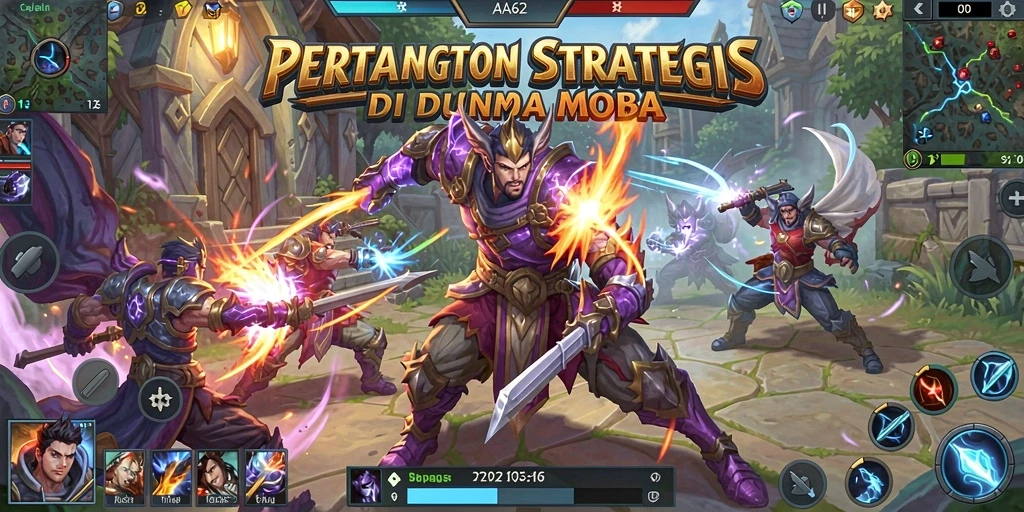 Tangkapan layar gameplay intens dari AA62 dalam aksi MOBA.