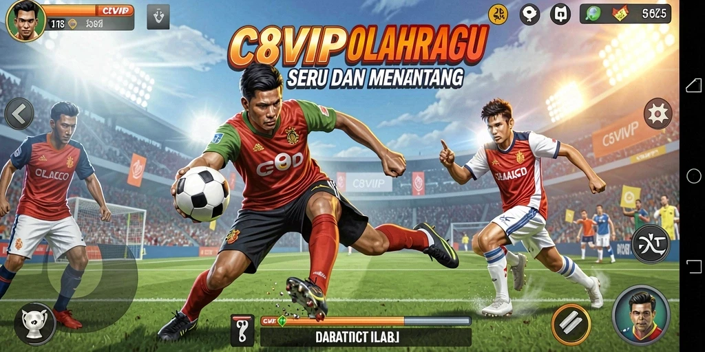 Tangkapan layar utama C8VIP menampilkan aksi seru dalam permainan olahraga.