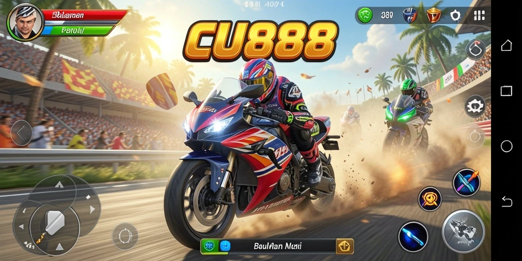 Gameplay seru saat balapan motor di trek menantang.