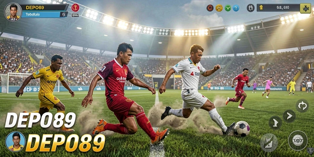 Tangkapan layar dari DEPO89 menunjukkan aksi seru dalam permainan sepak bola.