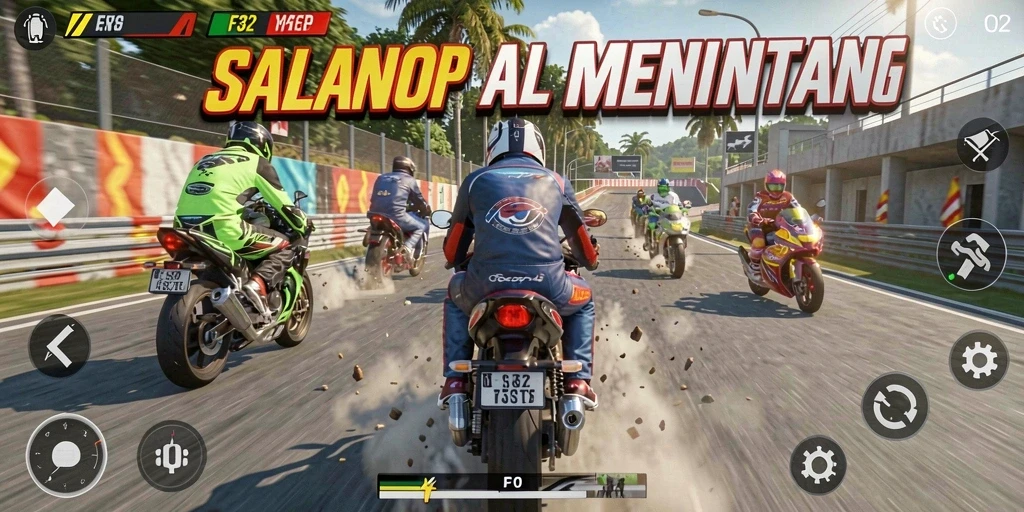 Screenshot F32 menampilkan aksi seru balapan motor di lintasan menantang.