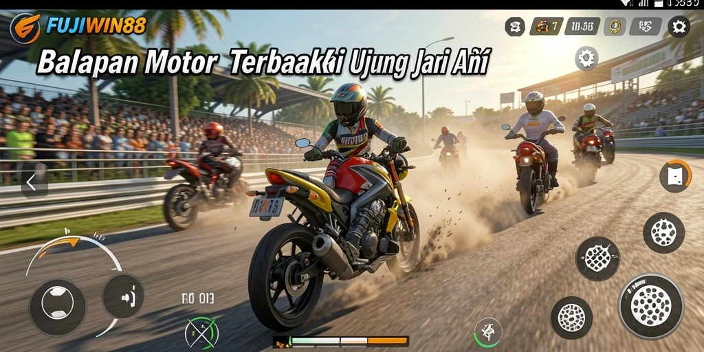Screenshot gameplay FUJIWIN88 menampilkan balapan motor yang intens dan mendebarkan.