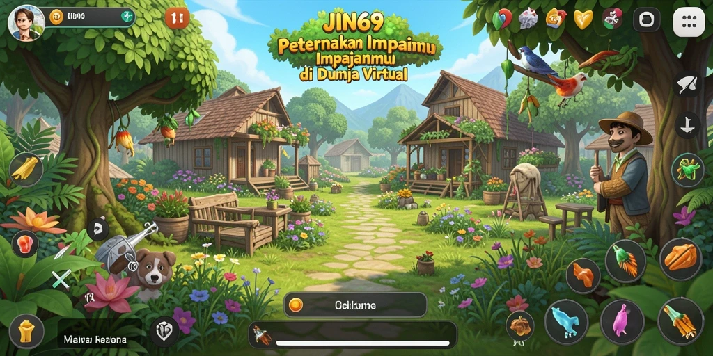 Tampilan gameplay JIN69 dengan berbagai aktivitas bertani.