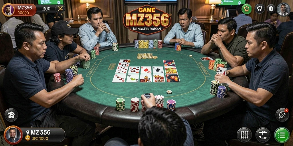 Tampilan gameplay yang mendebarkan dalam MZ356 dengan aksi Poker yang menegangkan.