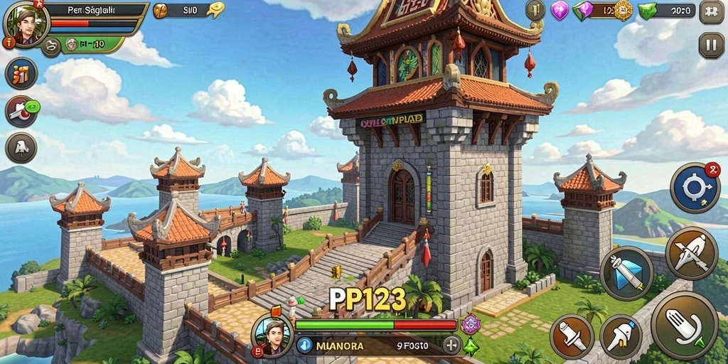 Tampilan gameplay seru dari PP123 dengan menara dan musuh yang beragam.