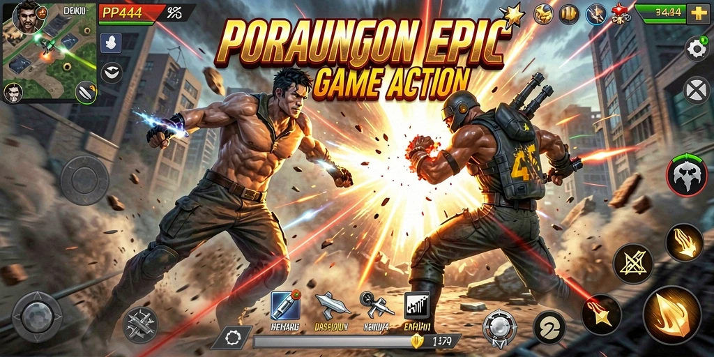 Screenshot gameplay PP444 dengan aksi pertempuran yang seru.
