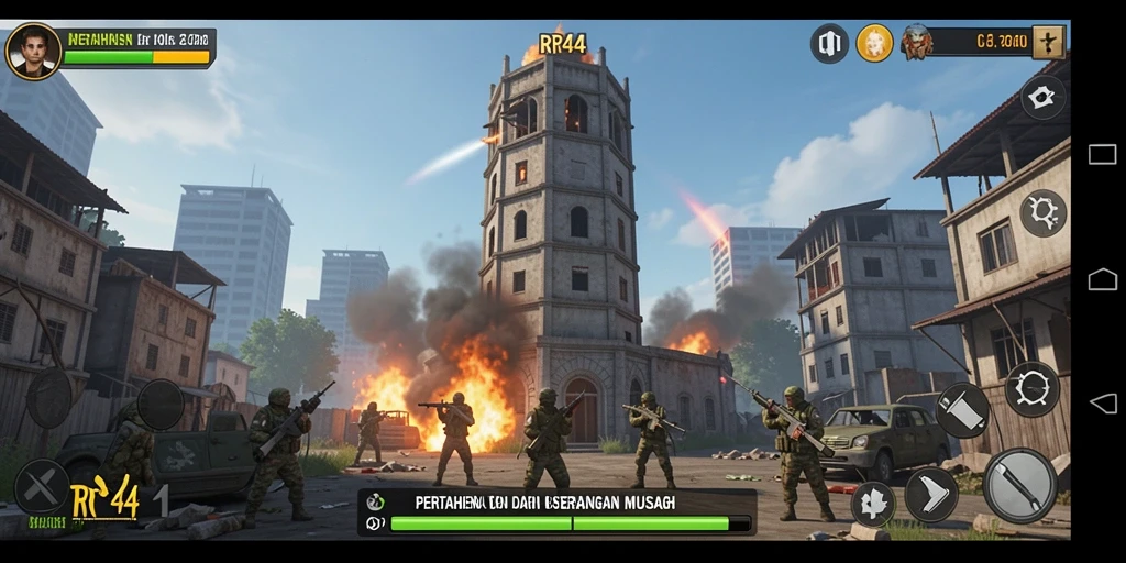 Screenshot utama RR44 menampilkan aksi menara bertahan melawan musuh.