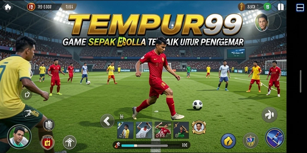 Tangkapan layar gameplay TEMPUR99 dengan aksi sepak bola mendebarkan.