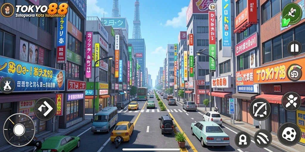 Tampilan gameplay <strong>TOKYO88</strong> dengan grafis kota yang menawan.