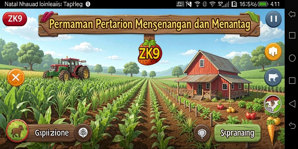 Gameplay ZK9 yang menampilkan pertanian yang indah dan penuh warna.